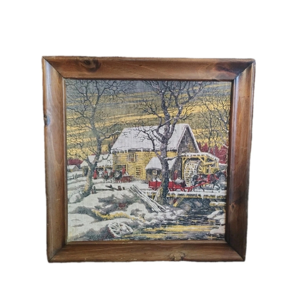 Vintage Kay Dee Colonial Mill Framed Linen 16" Color Hand Printed Winter Art